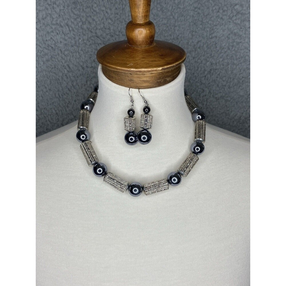 Sparkle Glass‎ Choker Necklace Earrings Set Silver Beads Retro Glam